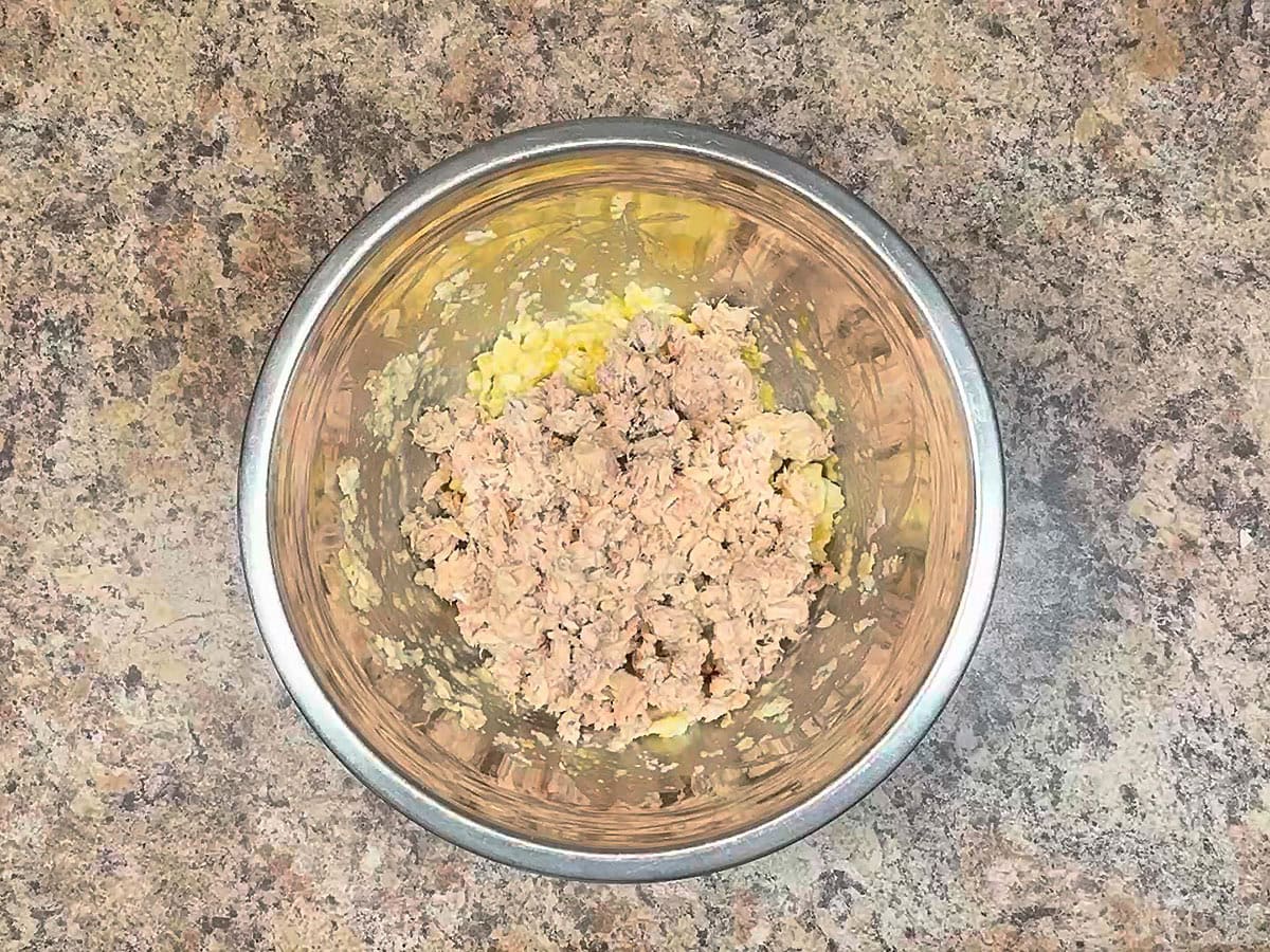 Salmon added to the mixing bowl with the crackers and egg.
