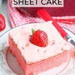 Single slice of strawberry sheet cake garnished with a fresh strawberry slice on a plate with a fork to the side.