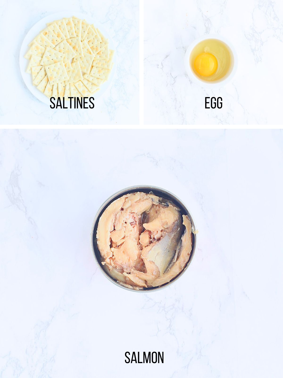 Collage of ingredients needed to make salmon croquettes.