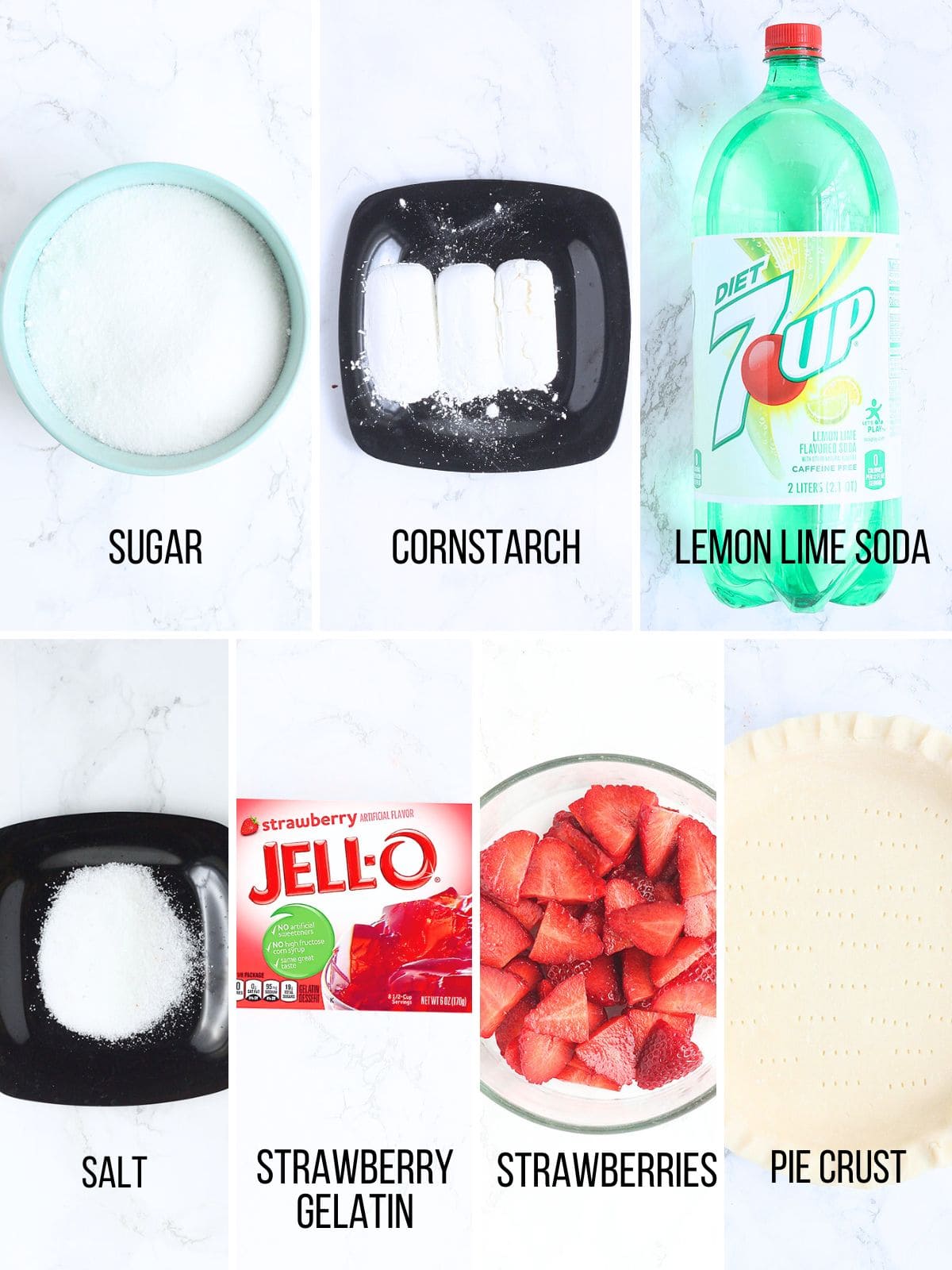 Collage of ingredients needed to make strawberry jello pie.