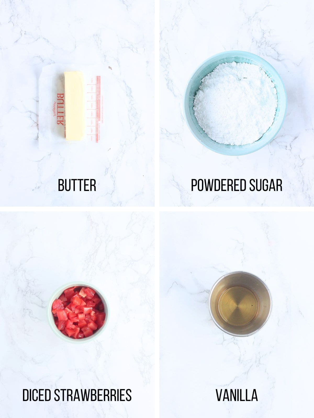 Collage of ingredients needed to make the strawberry buttercream frosting.