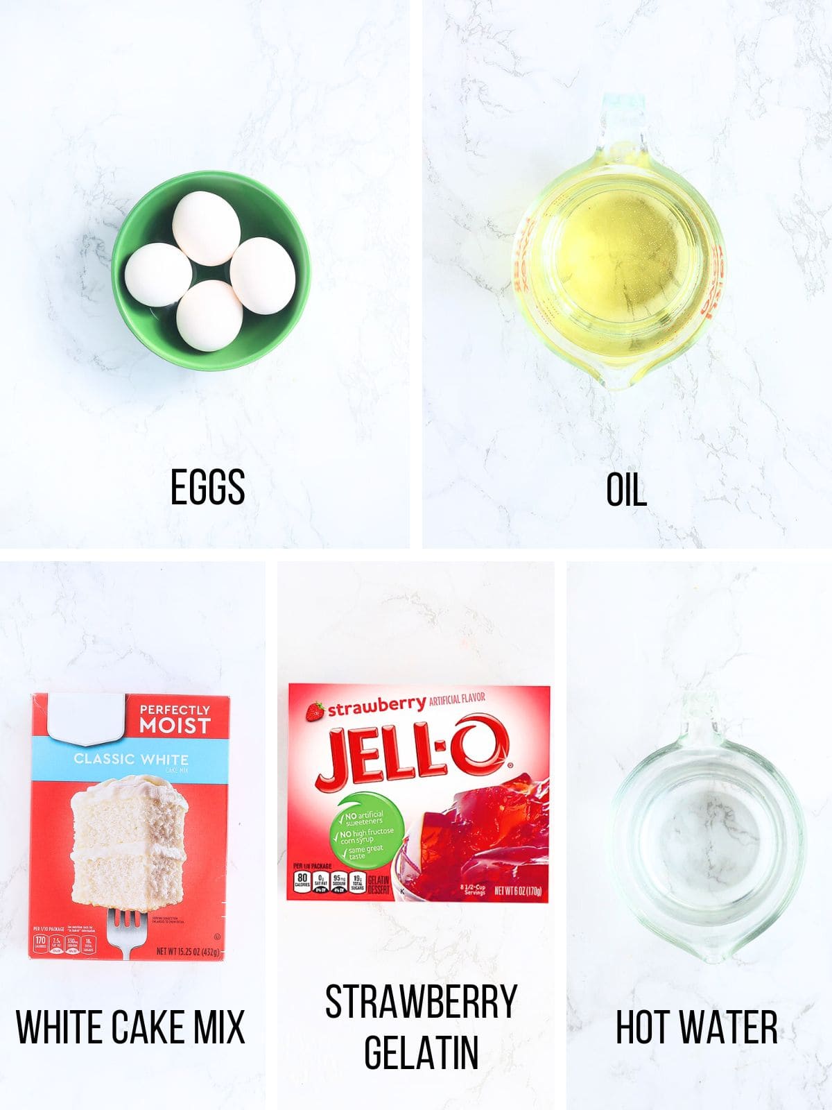 Collage of ingredients needed to make the strawberry sheet cake.