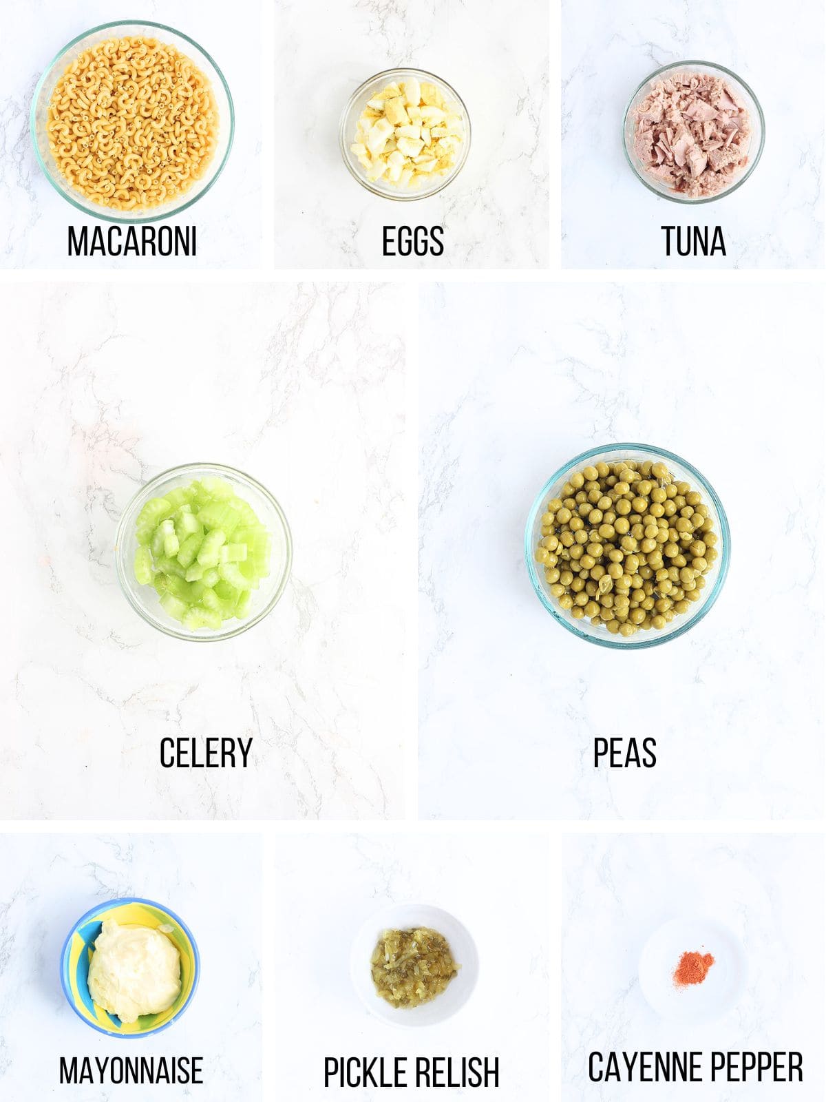 Collage of ingredients needed to make tuna macaroni salad.