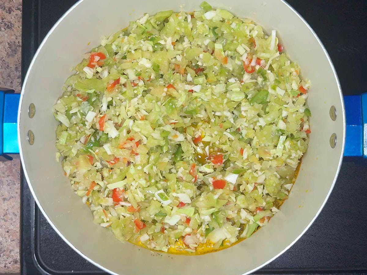 Chopped vegetables added to the brine.