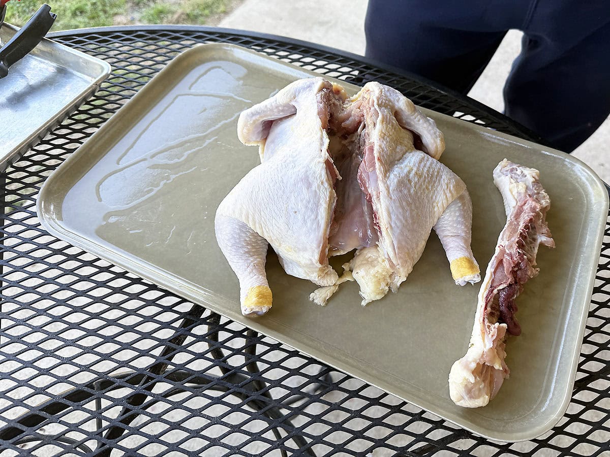 Raw whole chicken with the backbone removed.