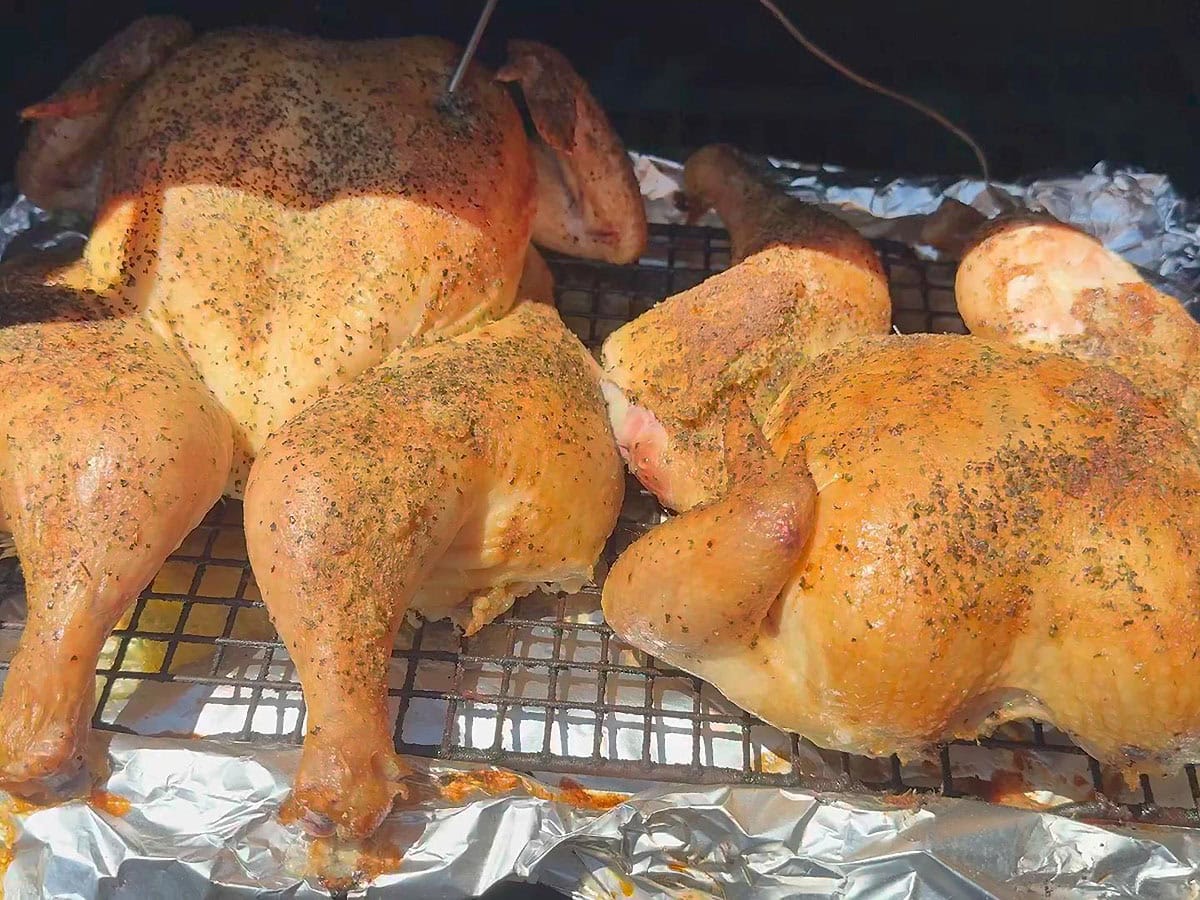 Two spatchcocked chickens on a pellet grill after they have cooked at 350 degrees and reached an internal temperature of 160 F.