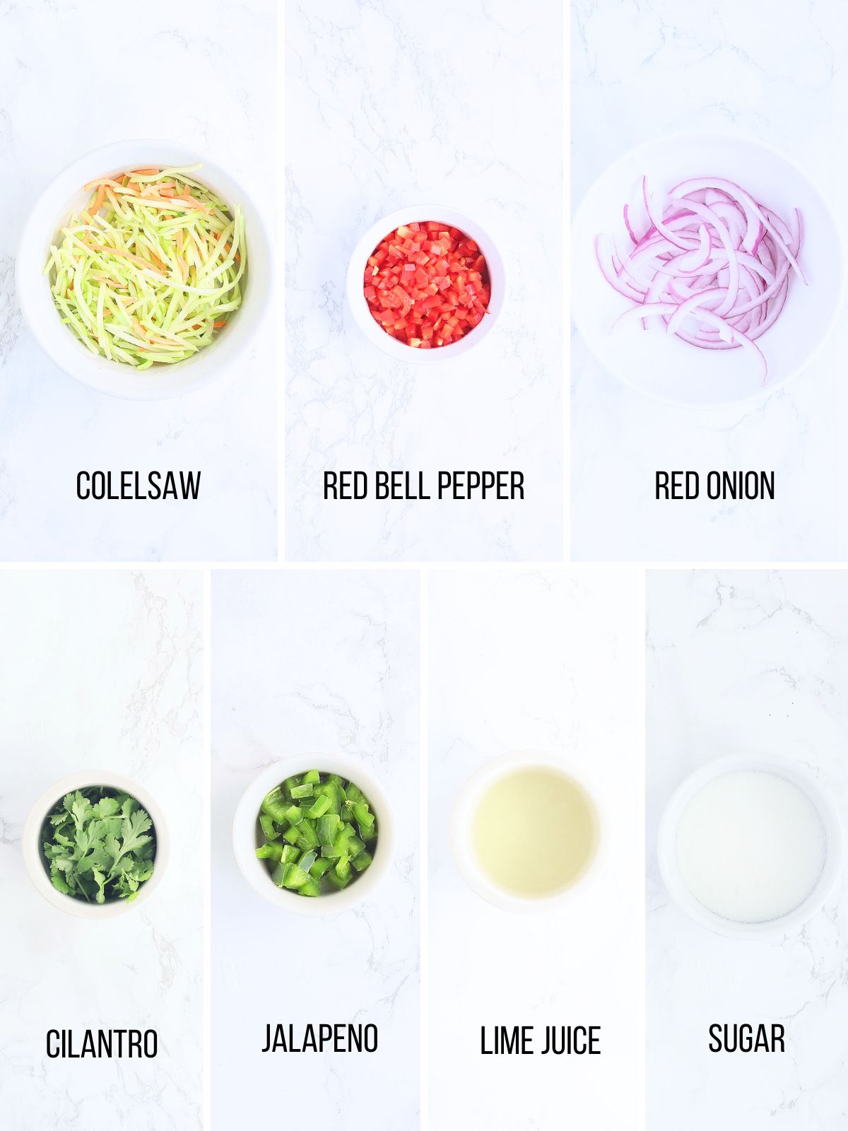 Collage of ingredients needed to make the coleslaw for Baja grilled catfish sliders.