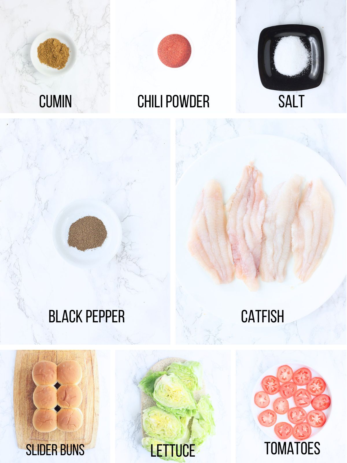 Collage of ingredients needed to make Baja grilled catfish sliders.