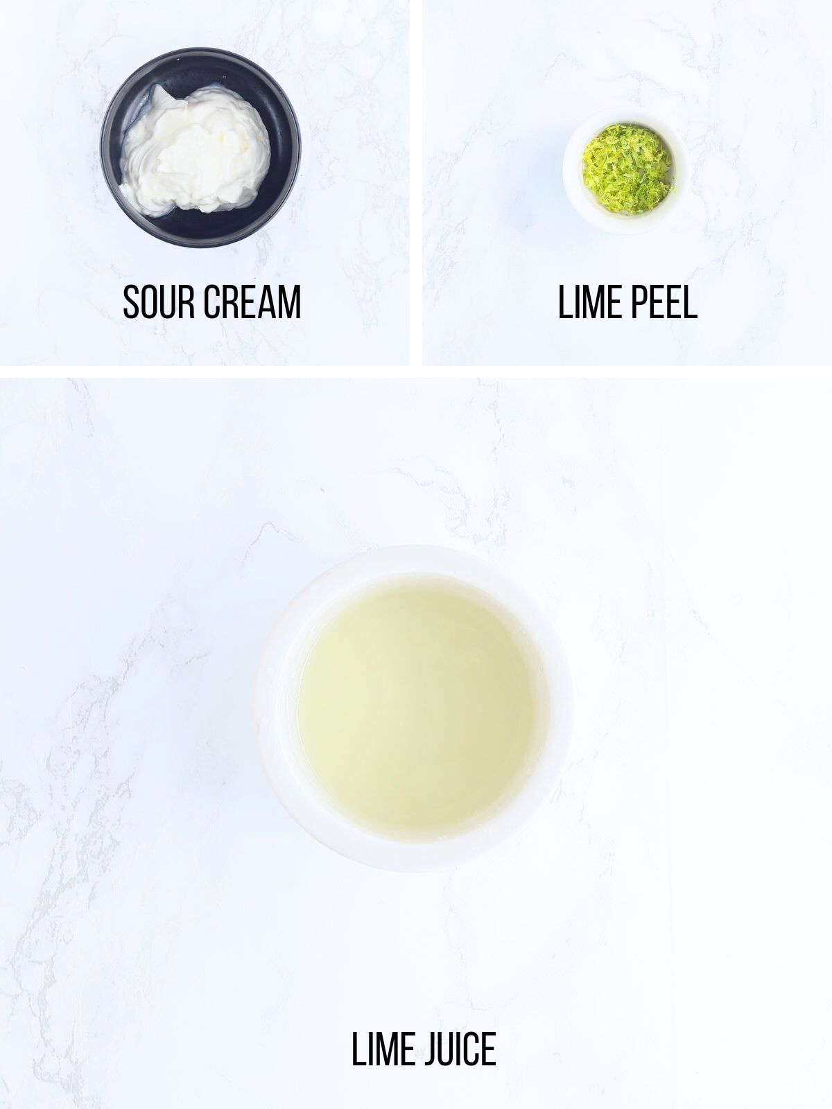 Collage of ingredient needed to make the creamy lime sauce for Baja grilled catfish sliders.