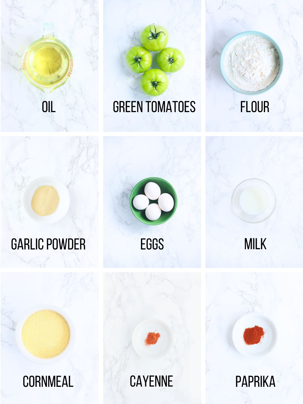 Collage of ingredients needed to make fried green tomatoes.