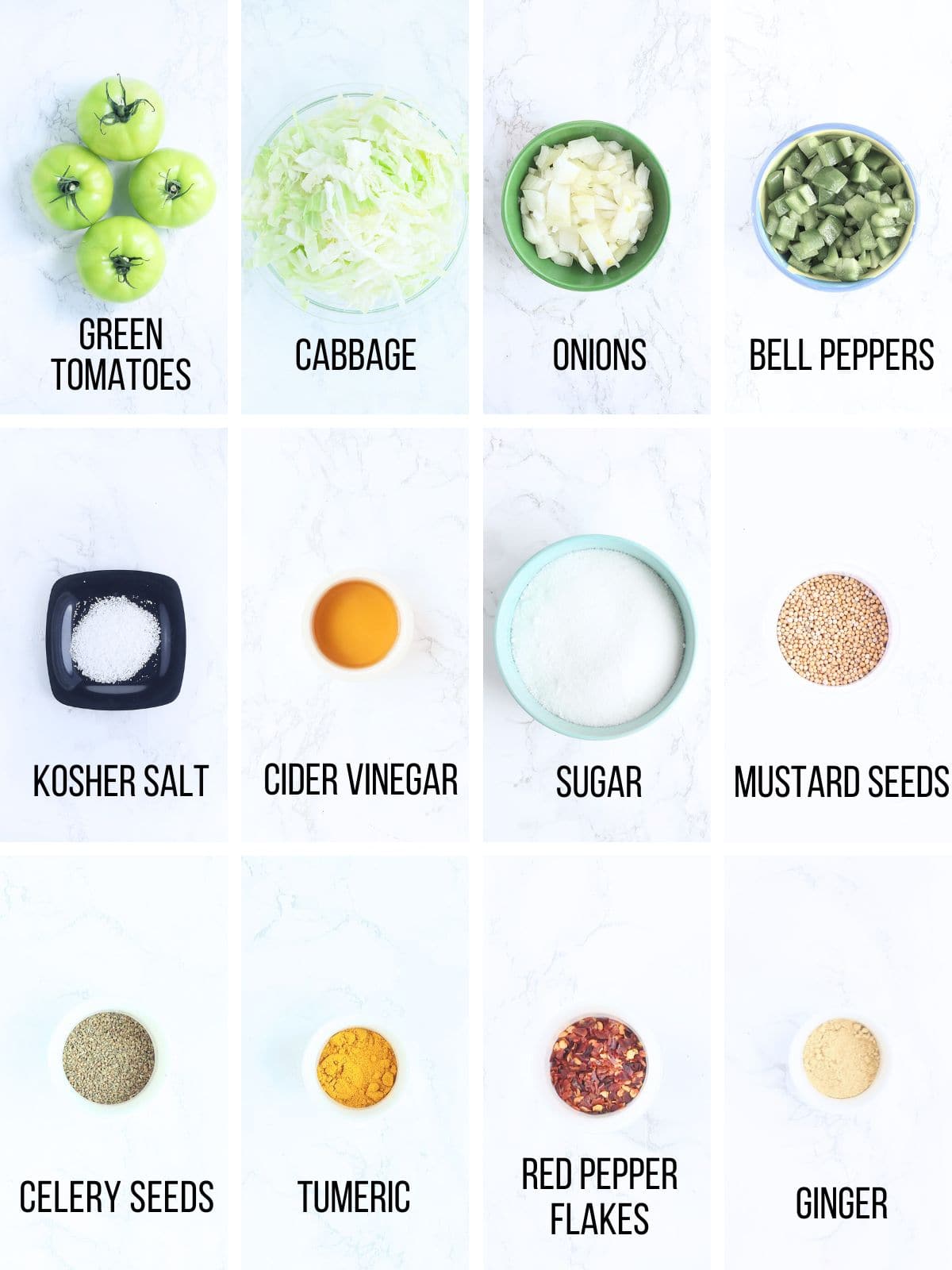 Collage of ingredients needed to make green tomato chow chow recipe.
