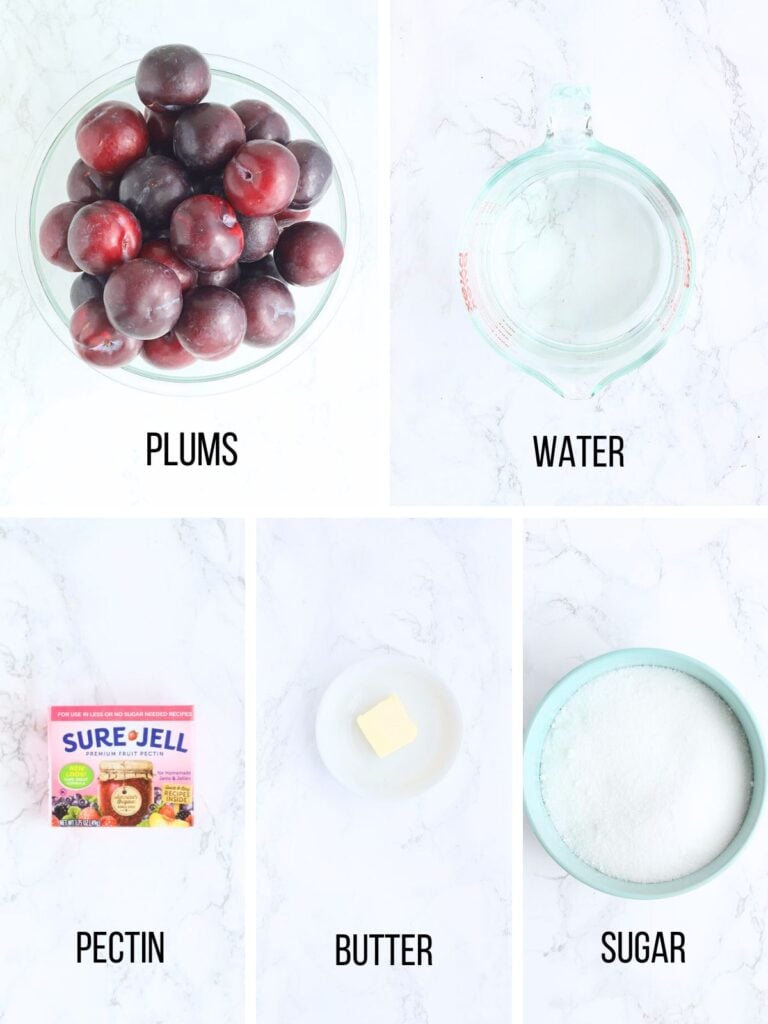 Collage of ingredients needed to make homemade plum jelly.