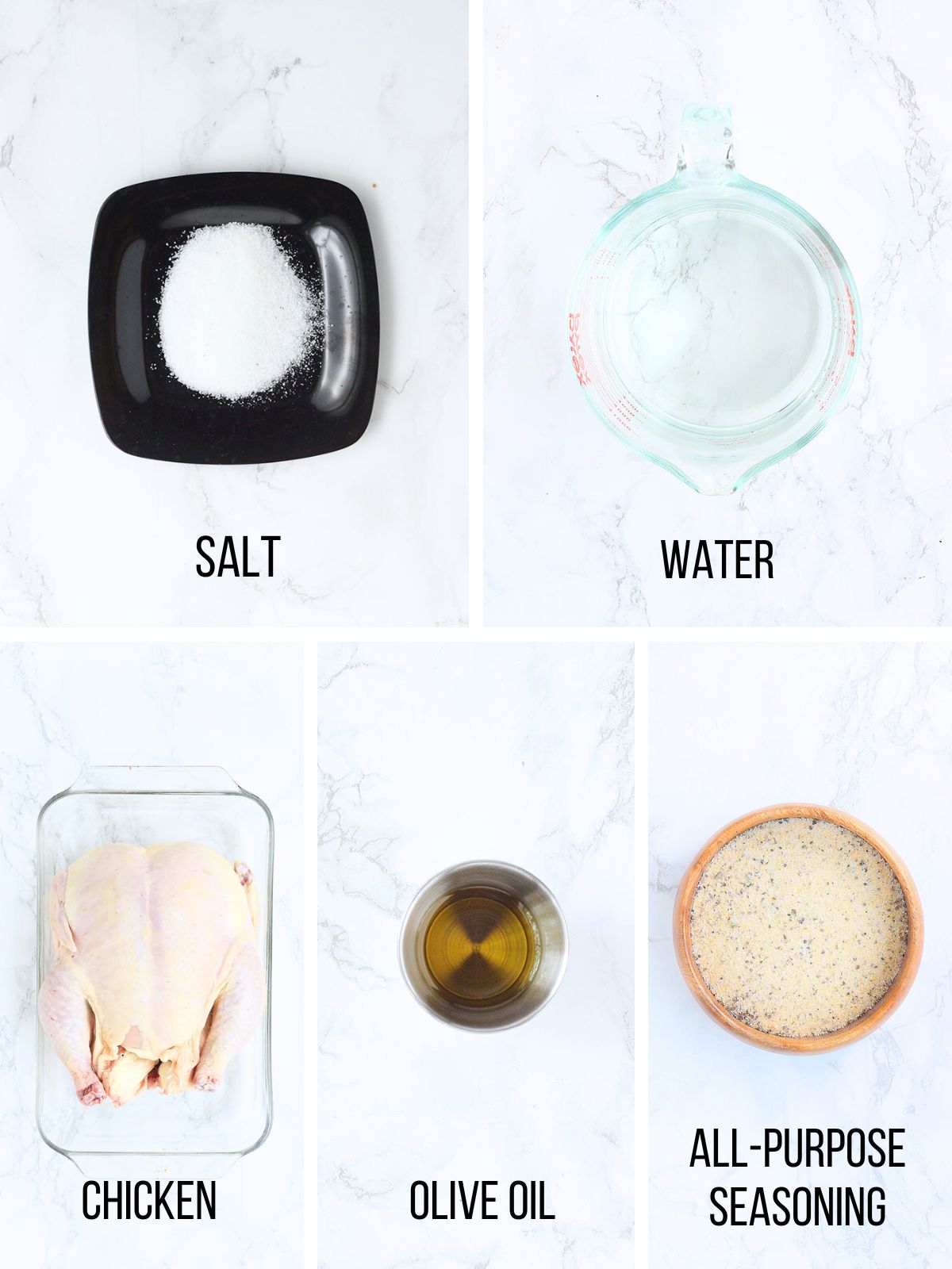 Collage of ingredients needed to make smoked spatchock chicken.