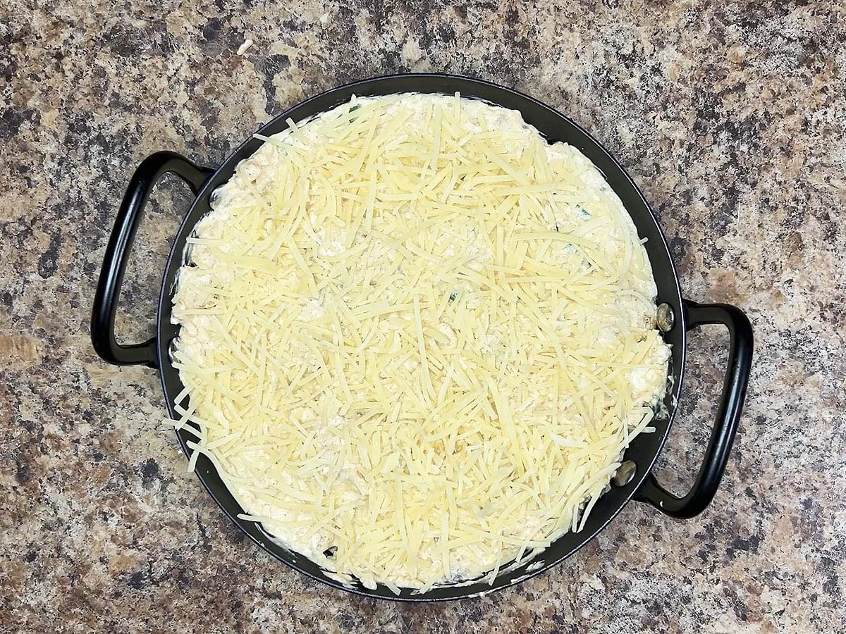Cajun Catfish Dip spread into an oven safe dish and topped with the remaining Parmesan cheese.