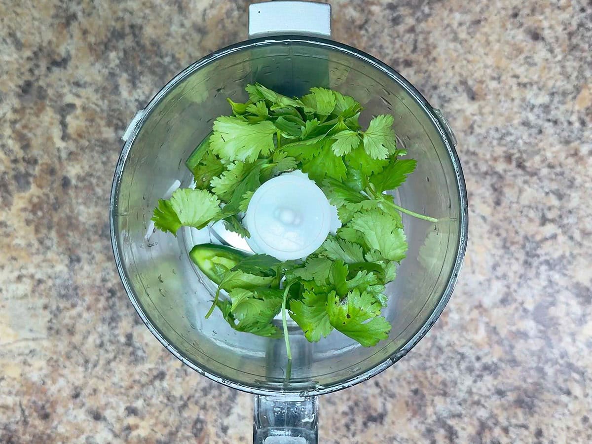 Whole cilantro in a food processor.