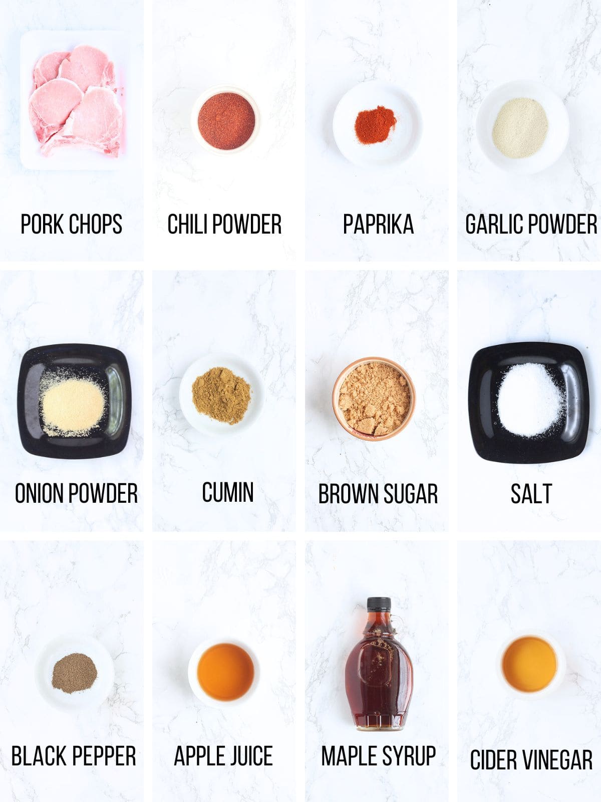 Collage of ingredients needed to make air fryer bone in pork chops.