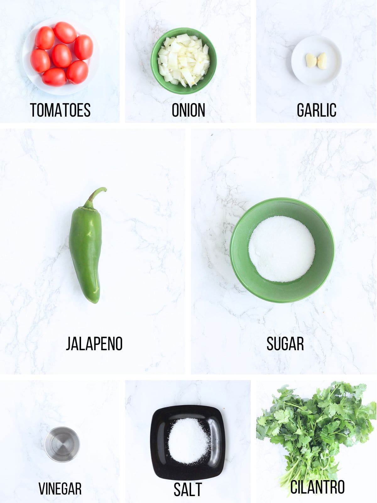 Collage of ingredients needed to make fresh garden salsa.
