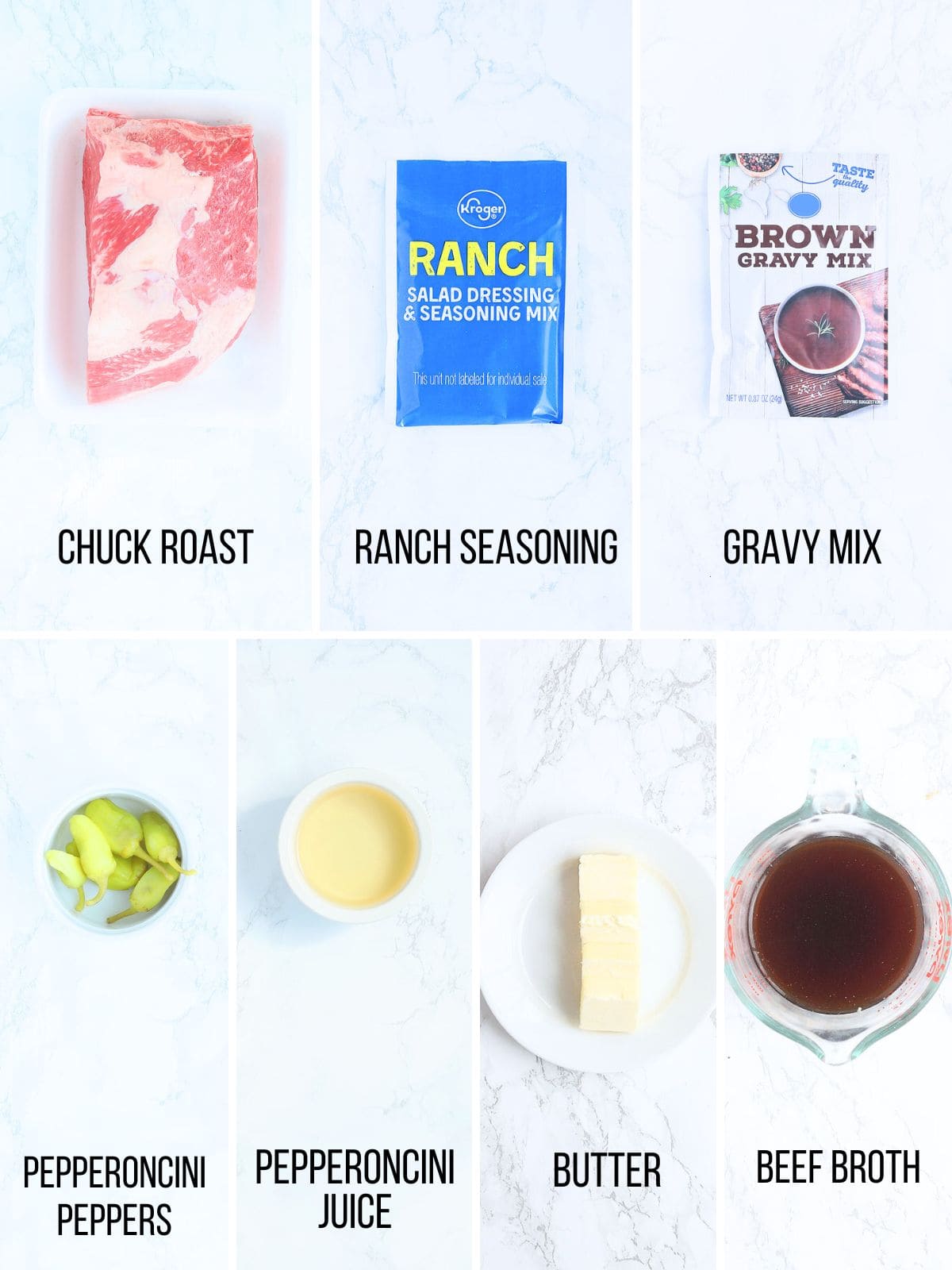 Collage of ingredients needed to make Instant Pot Mississippi Pot Roast.