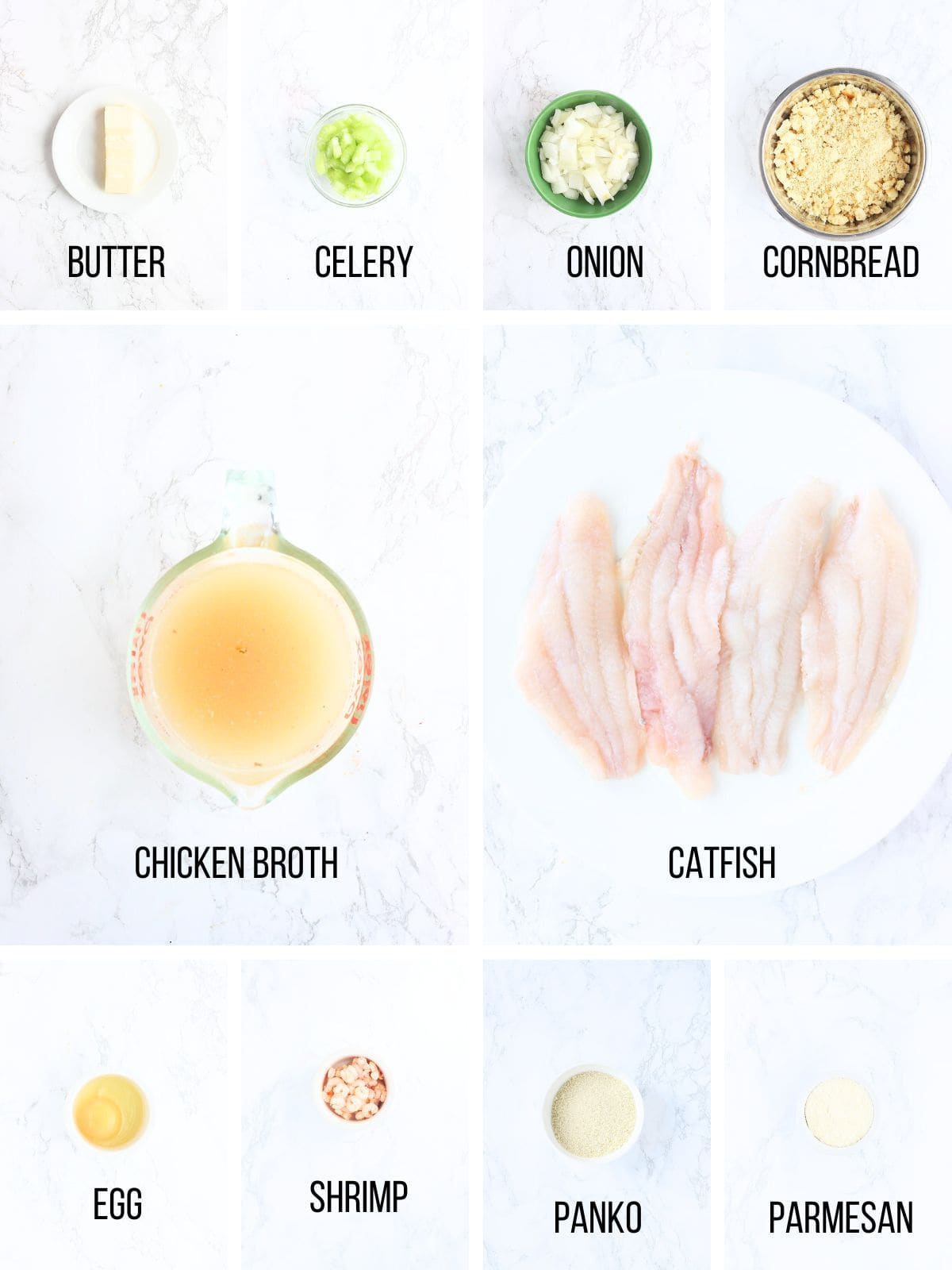 Collage of ingredients needed to make stuffed catfish fillets.
