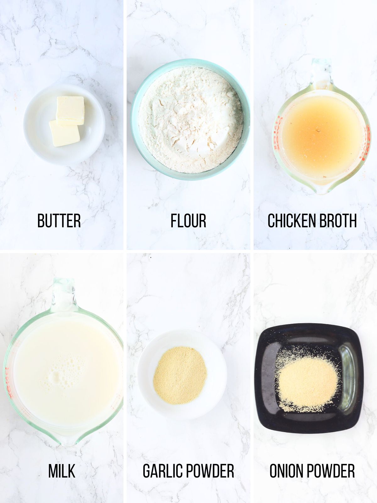 Collage of ingredients needed to make the cream sauce for Bacon Chicken Ranch Tater Tot Casserole.