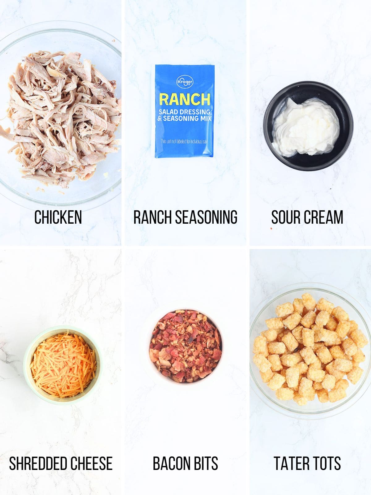 Collage of ingredients needed to make Bacon Chicken Ranch Tater Tot Casserole.