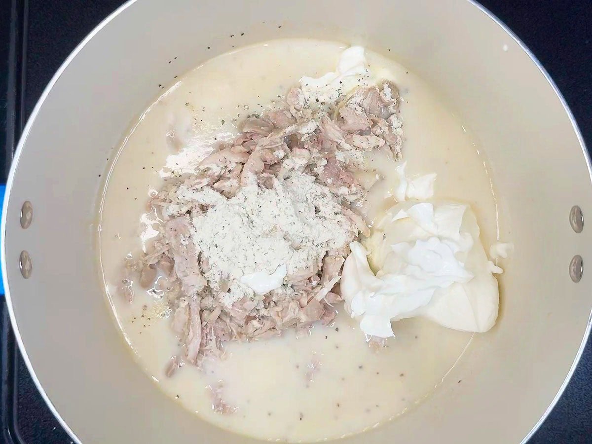 Shredded chicken, ranch seasoning, and sour cream added to the cream sauce.
