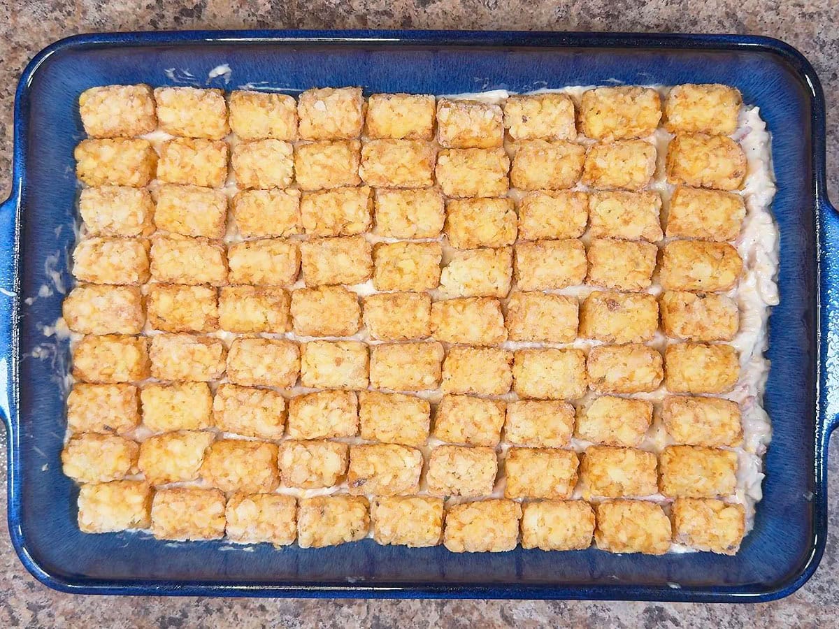 Casserole topped with frozen tater tots.