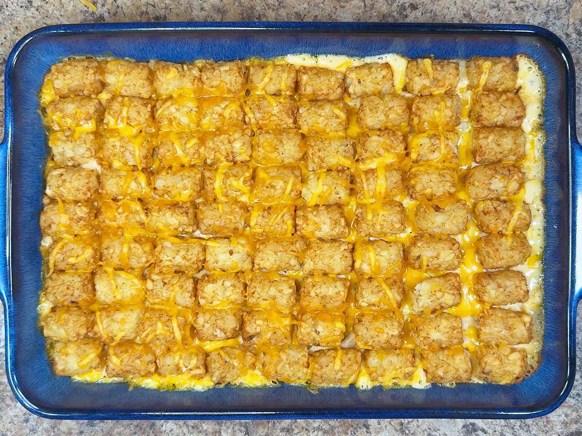 Baked casserole after the cheese on top has melted.