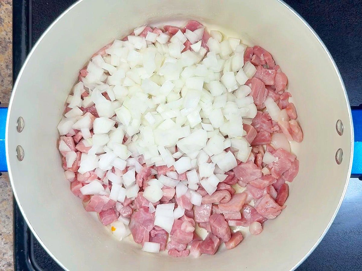 Diced onions and cooked country ham in a large stock pot.
