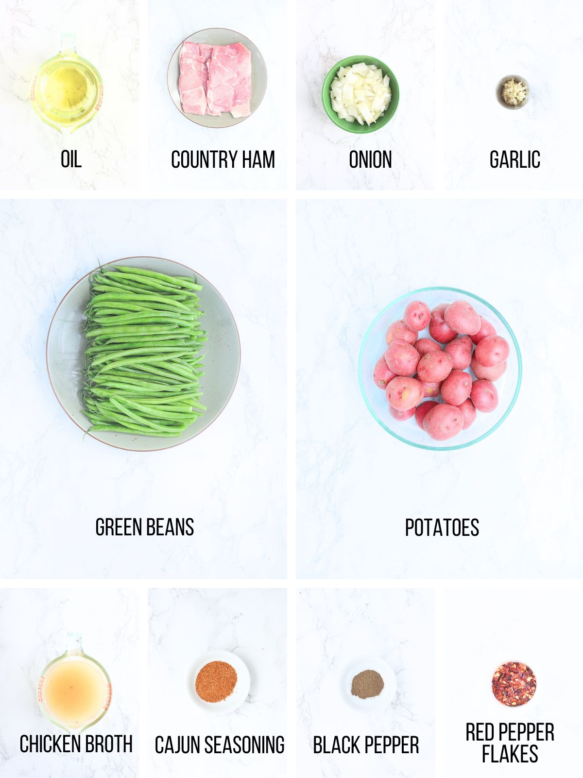 Collage of ingredients needed to make green beans with ham and potatoes.