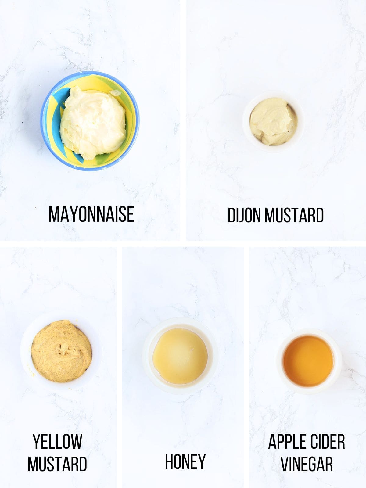 Collage of ingredients needed to make honey mustard sauce.