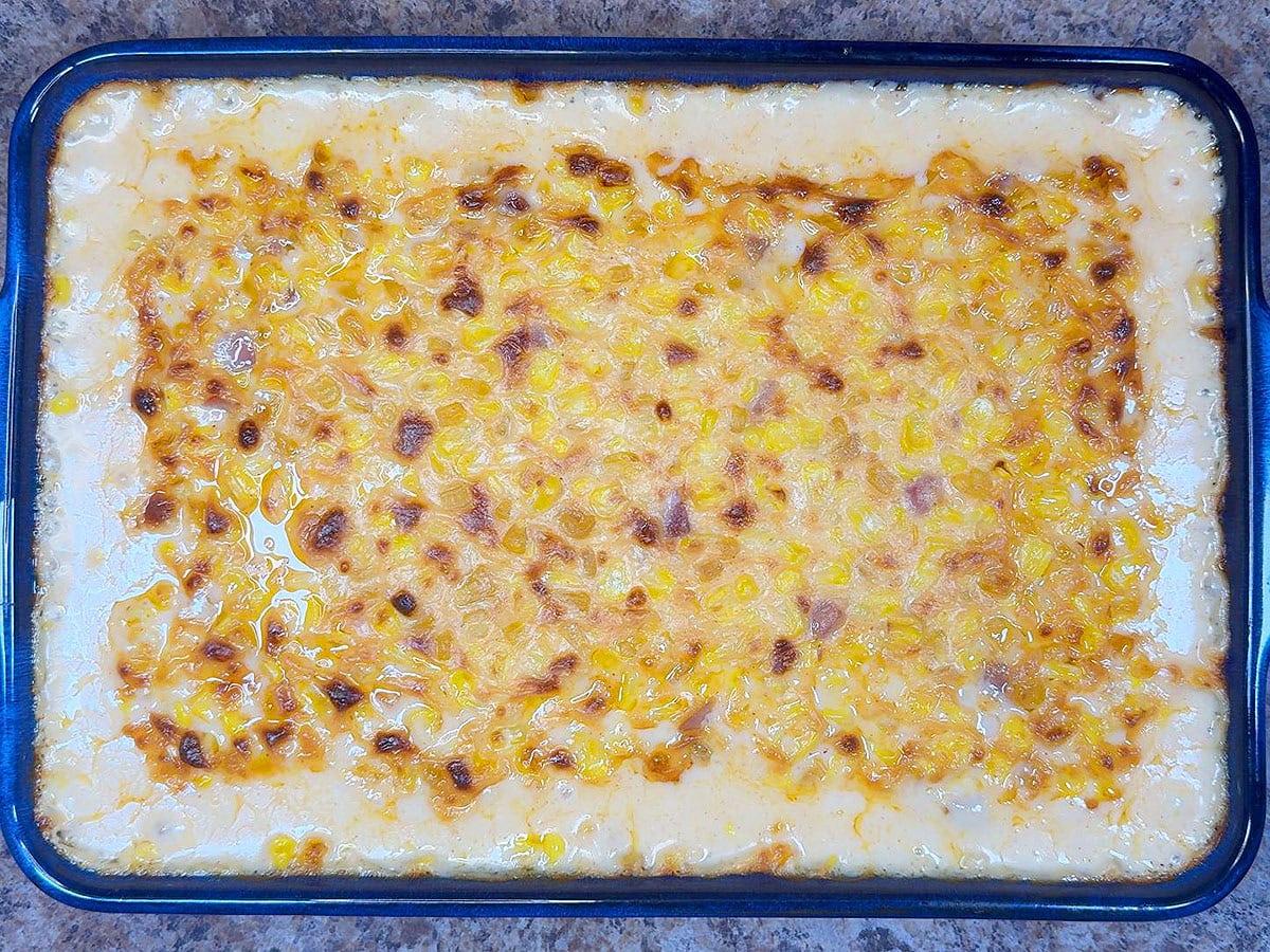 Cheesy corn casserole after it has baked for 40 minutes.
