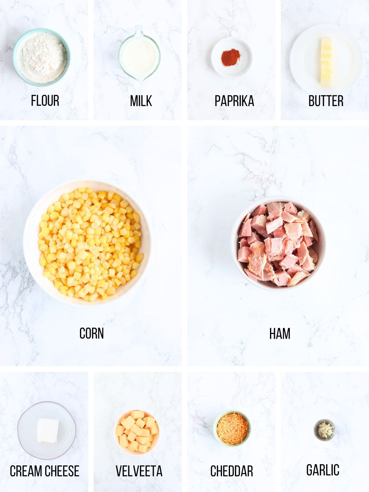 Collage of ingredients needed to make cheesy corn casserole.