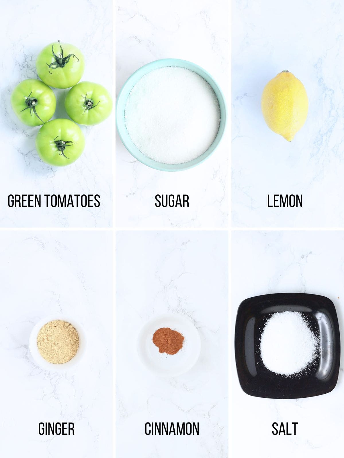Collage of ingredients needed to make green tomato jam.