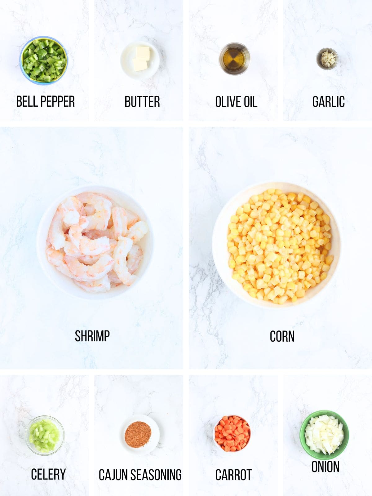 Collage of ingredients needed to make shrimp and corn bisque.