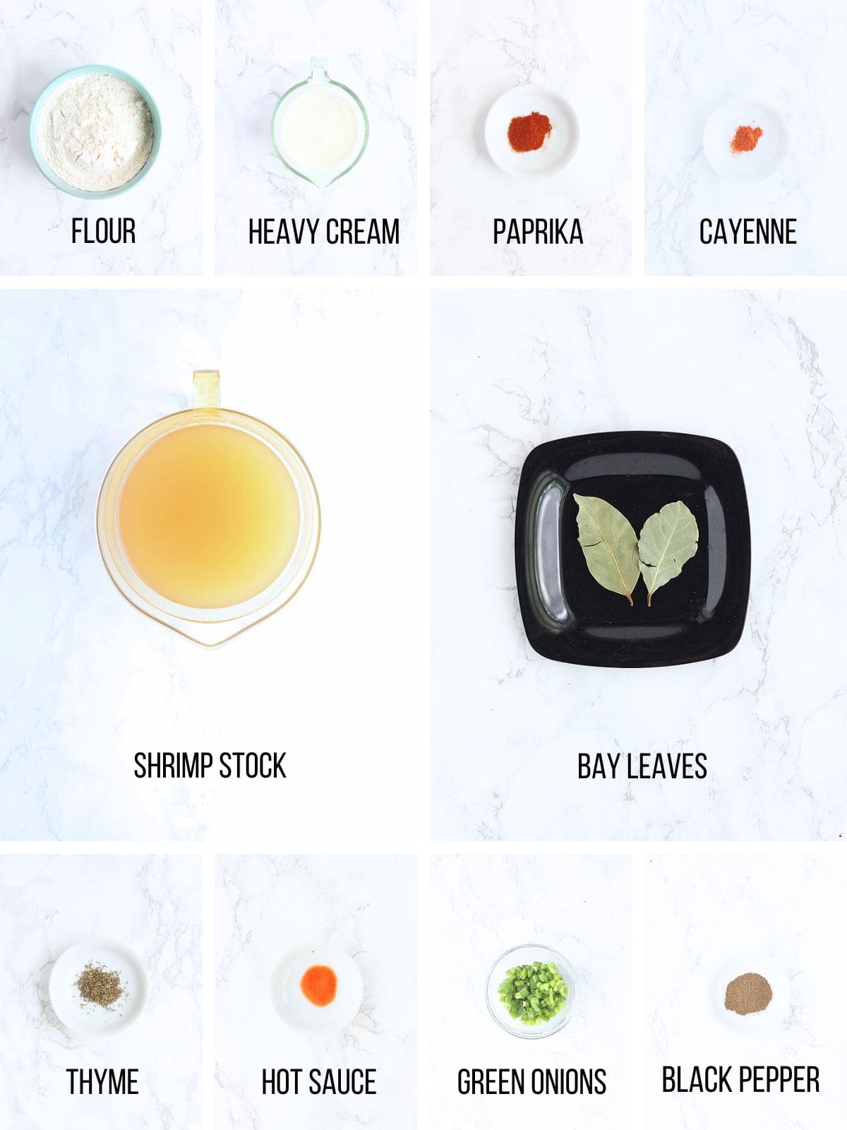 Collage of ingredients needed to make shrimp and corn bisque.