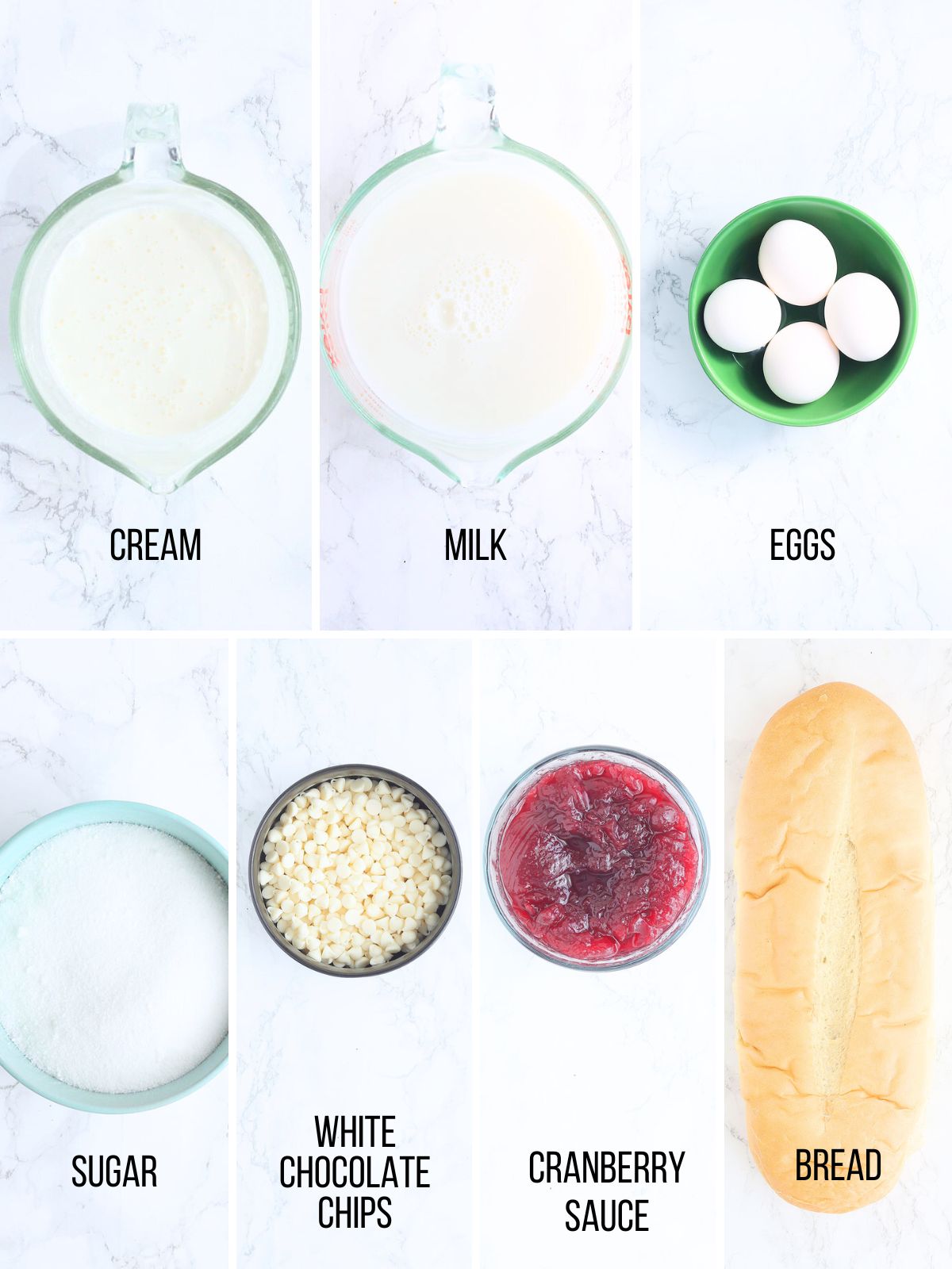 Collage of ingredients needed to make Cranberry Bread Pudding.
