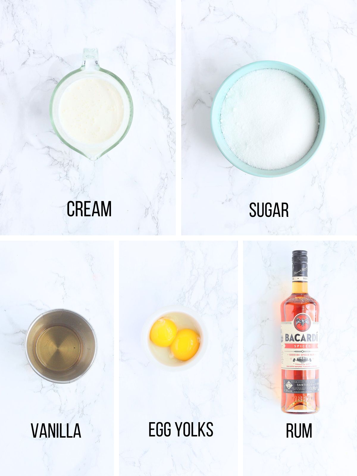 Collage of ingredients needed to make Rum Creme Anglaise.