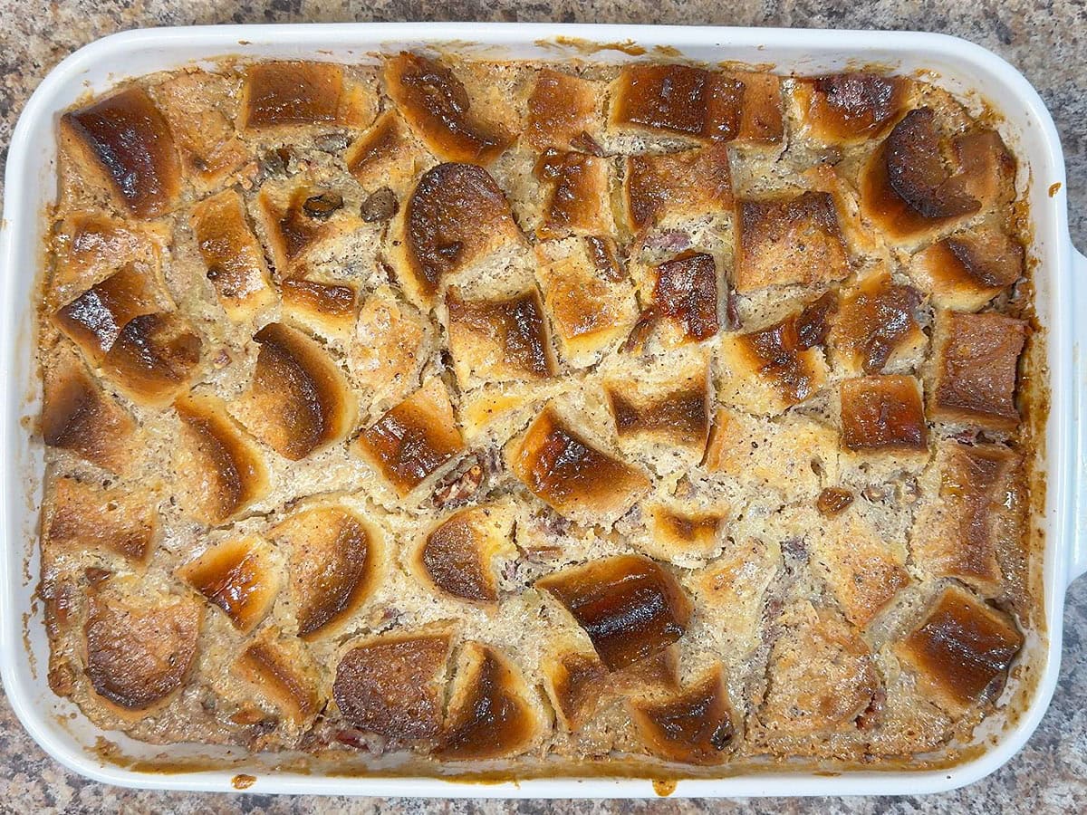 Baked Pina Colada Pineapple Raisin Bread Pudding just after it has come out of the oven.