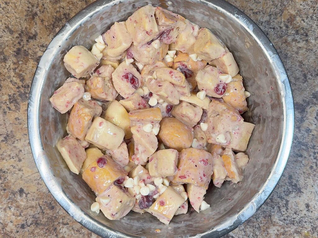 French bread cubes coated with the cream mixture.