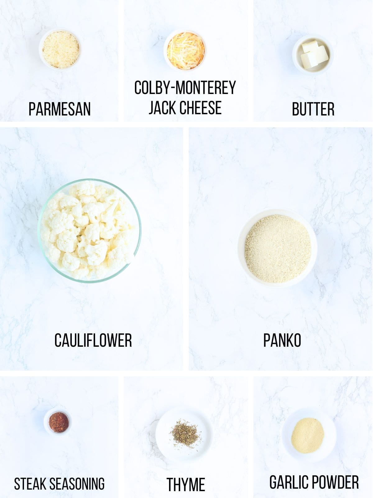 Collage of ingredients needed to make mashed cauliflower and cheese casserole.