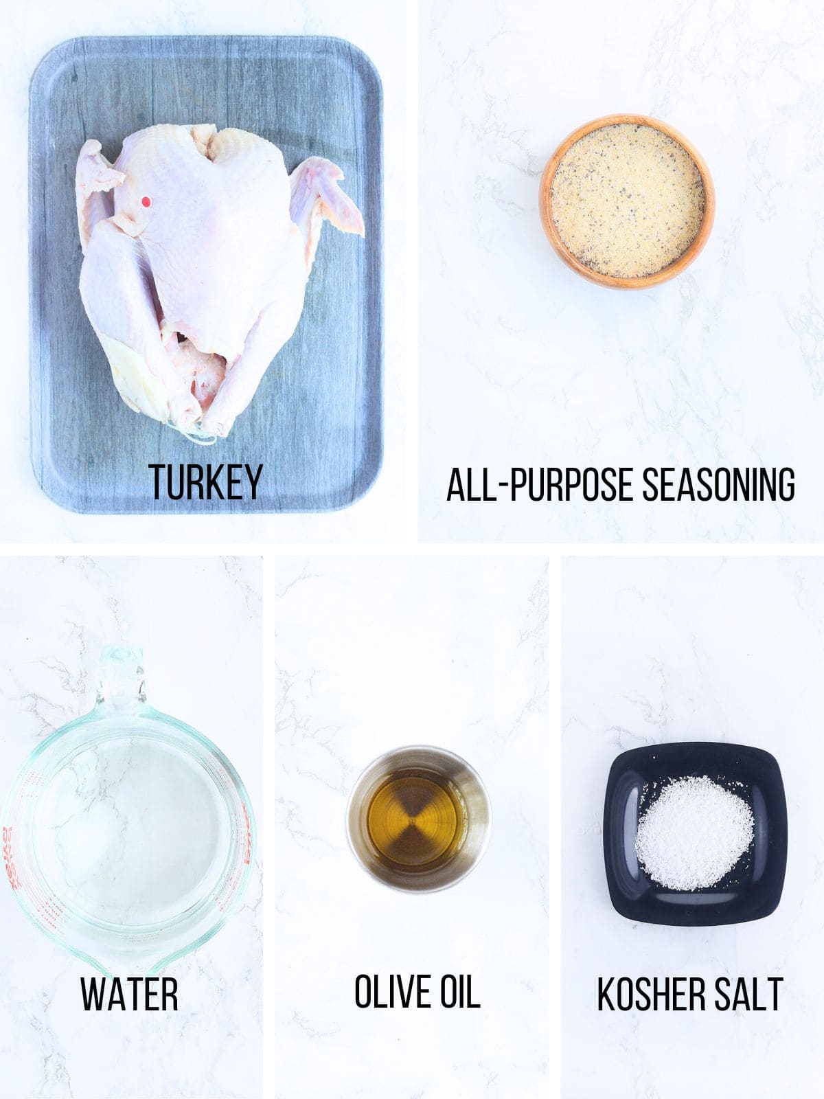 Collage of ingredients needed to make smoked spatchcock turkey on a pellet grill.