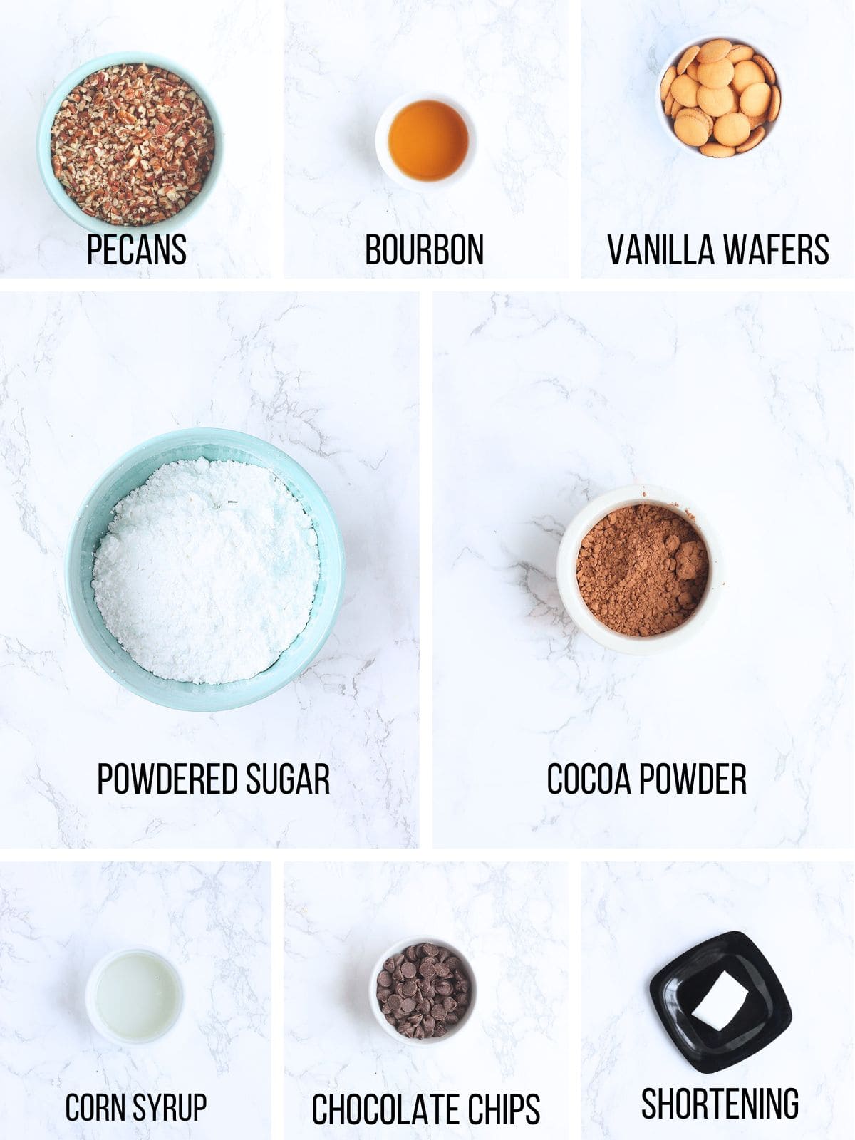 Collage of ingredients needed to make bourbon balls.