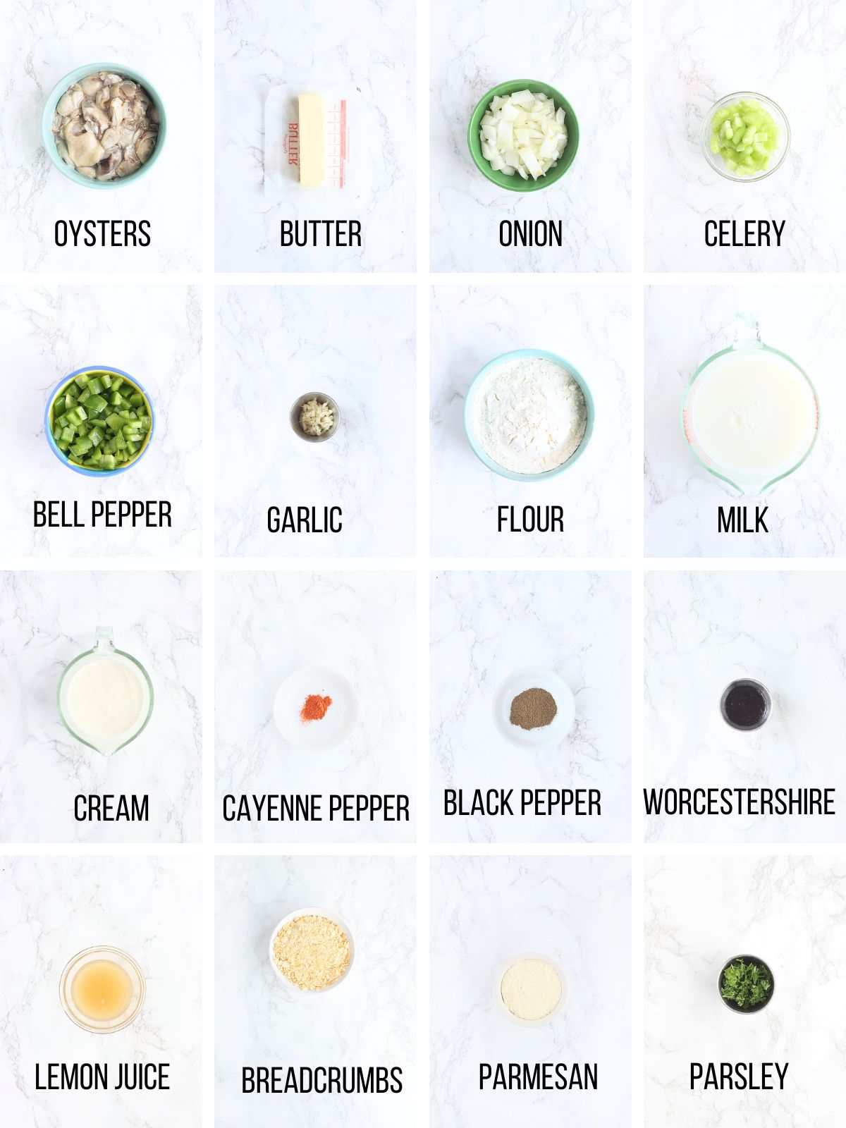 Collage of ingredients needed to make scalloped oysters.