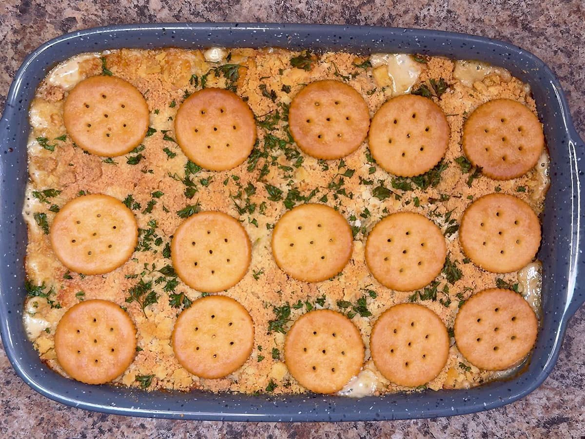 Scalloped oysters baked until the topping is golden brown and the sauce is bubbling.