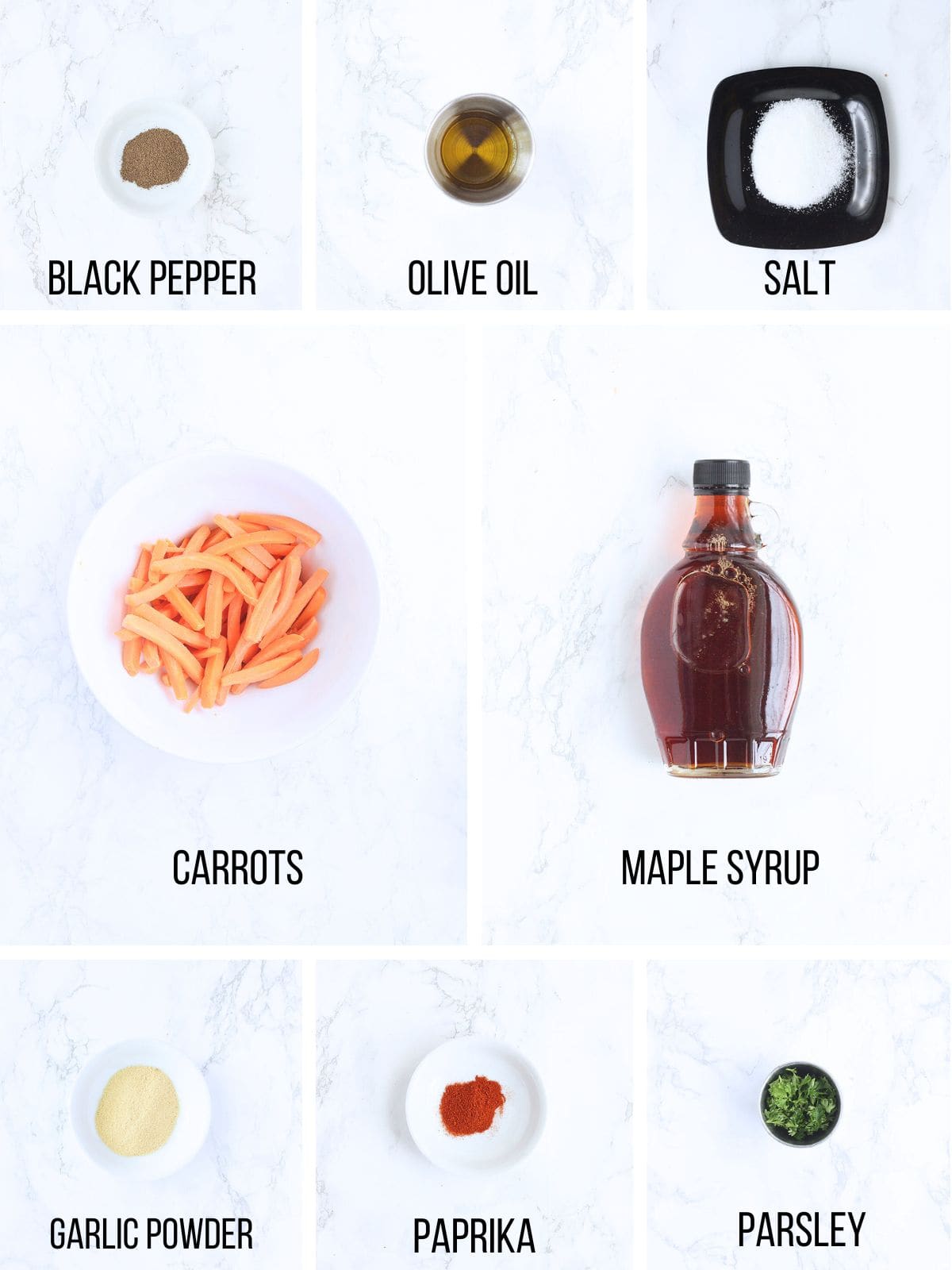 Collage of ingredients needed to make air fryer roasted carrots.