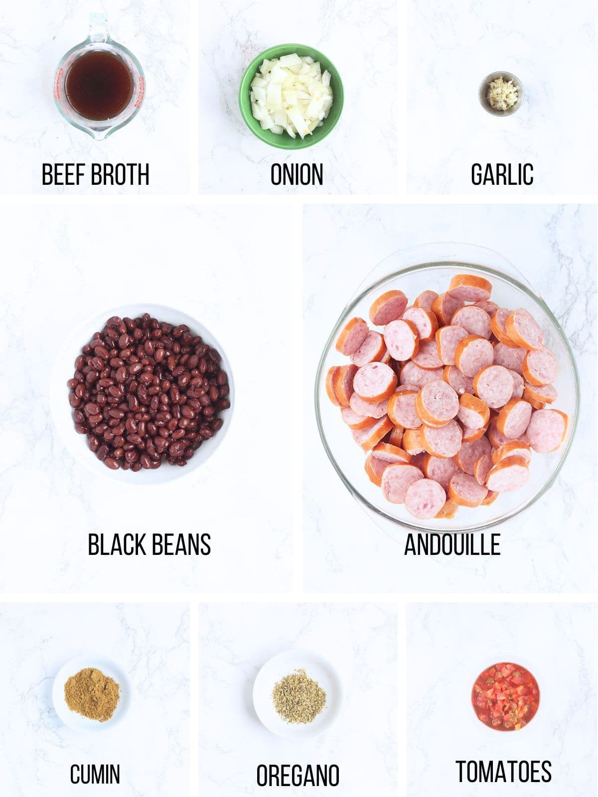 Collage of ingredients needed to make black bean soup with andouille.
