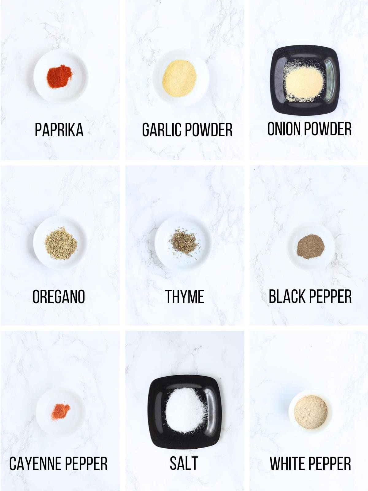 Collage of ingredients needed to make homemade Cajun seasoning.