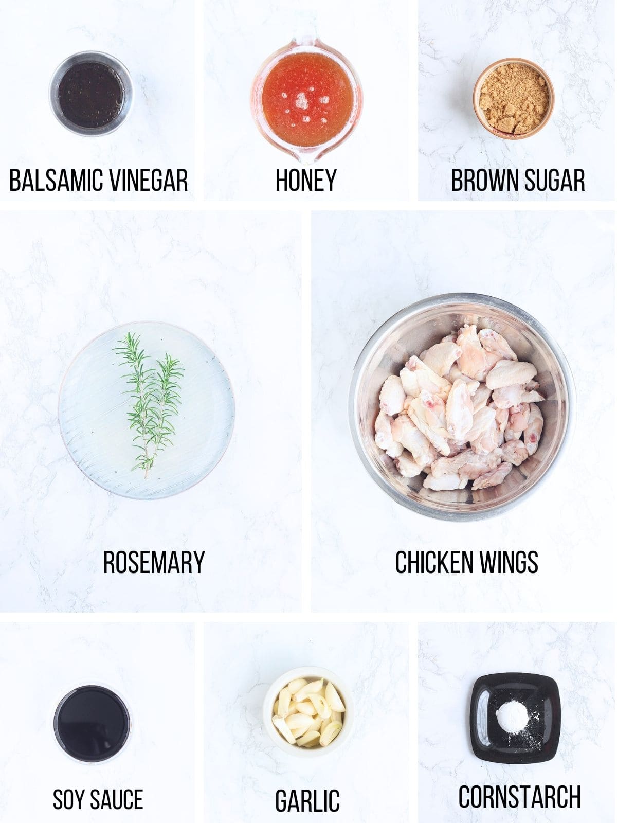 Collage of ingredients needed to make honey garlic chicken wings.