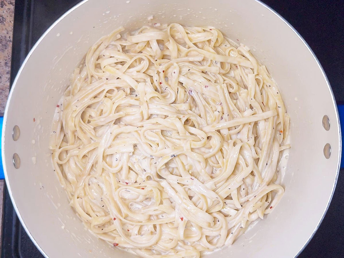 Fettuccine noodles coated in alfredo sauce.